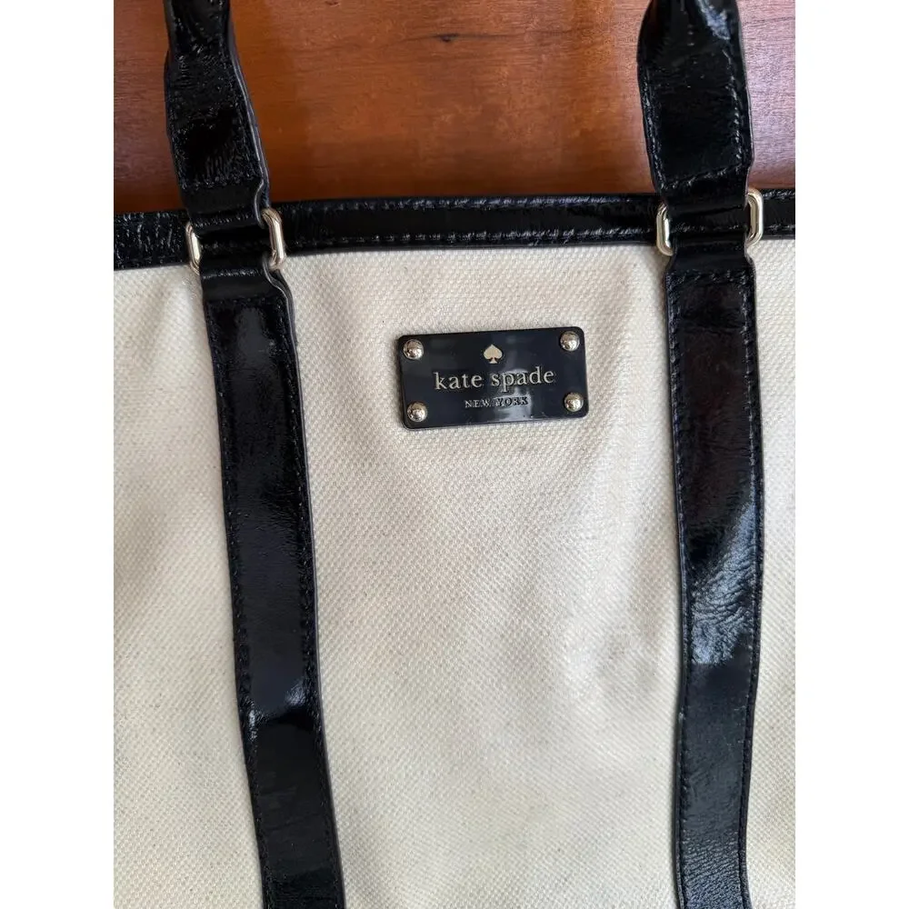 Kate Spade Clinton Hill Dama Tote Bag Cream Tweed Black Patent Leather